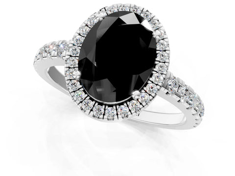 White gold Fancy Black Oval Cut Diamond Halo Ring with Pavé Band and Four-Prong Setting_1