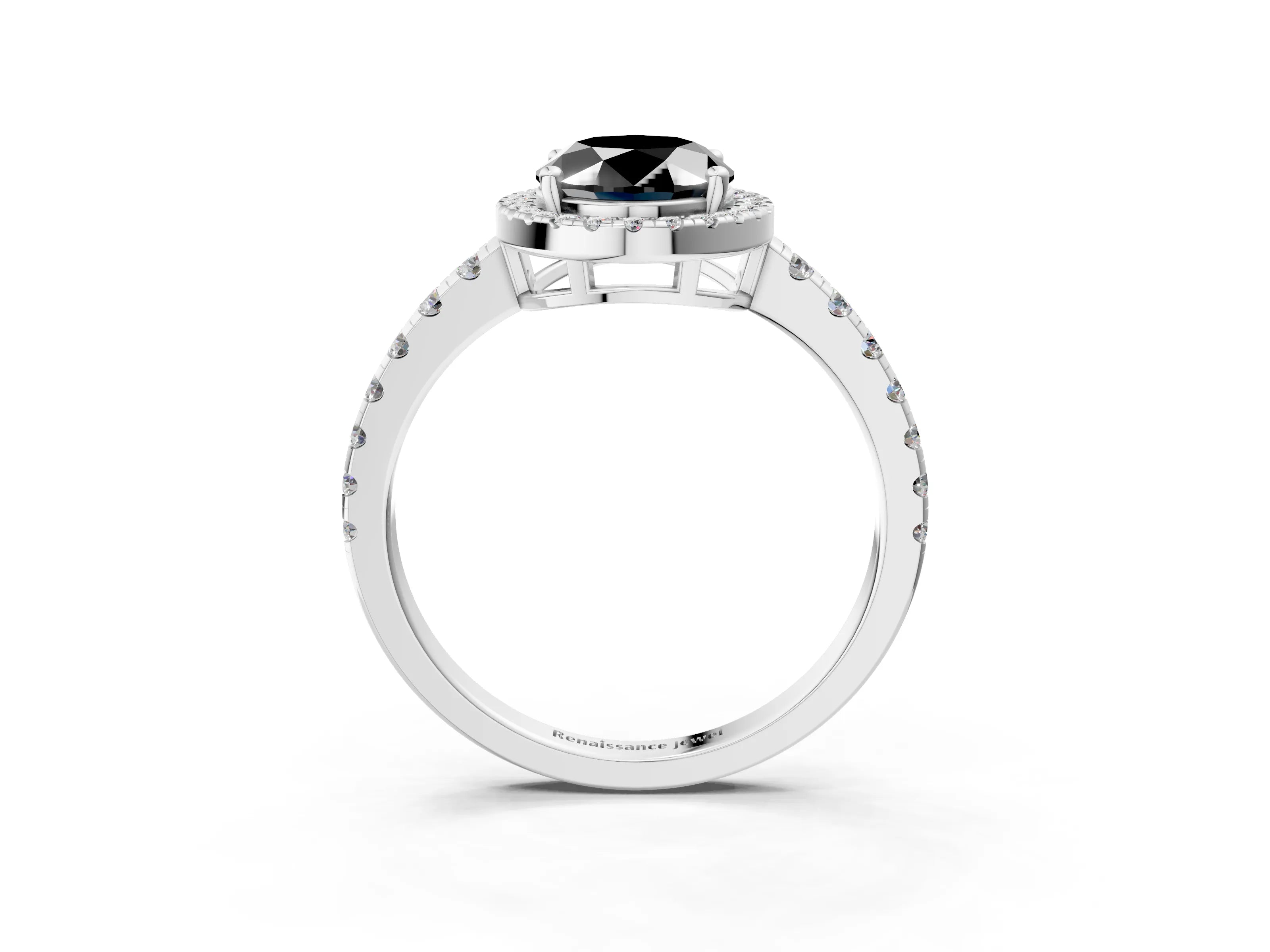 White gold Fancy Black Oval Cut Diamond Halo Ring with Pavé Band and Four-Prong Setting_3