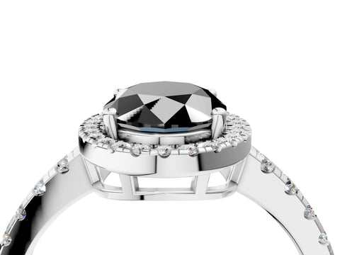 White gold Fancy Black Oval Cut Diamond Halo Ring with Pavé Band and Four-Prong Setting_4