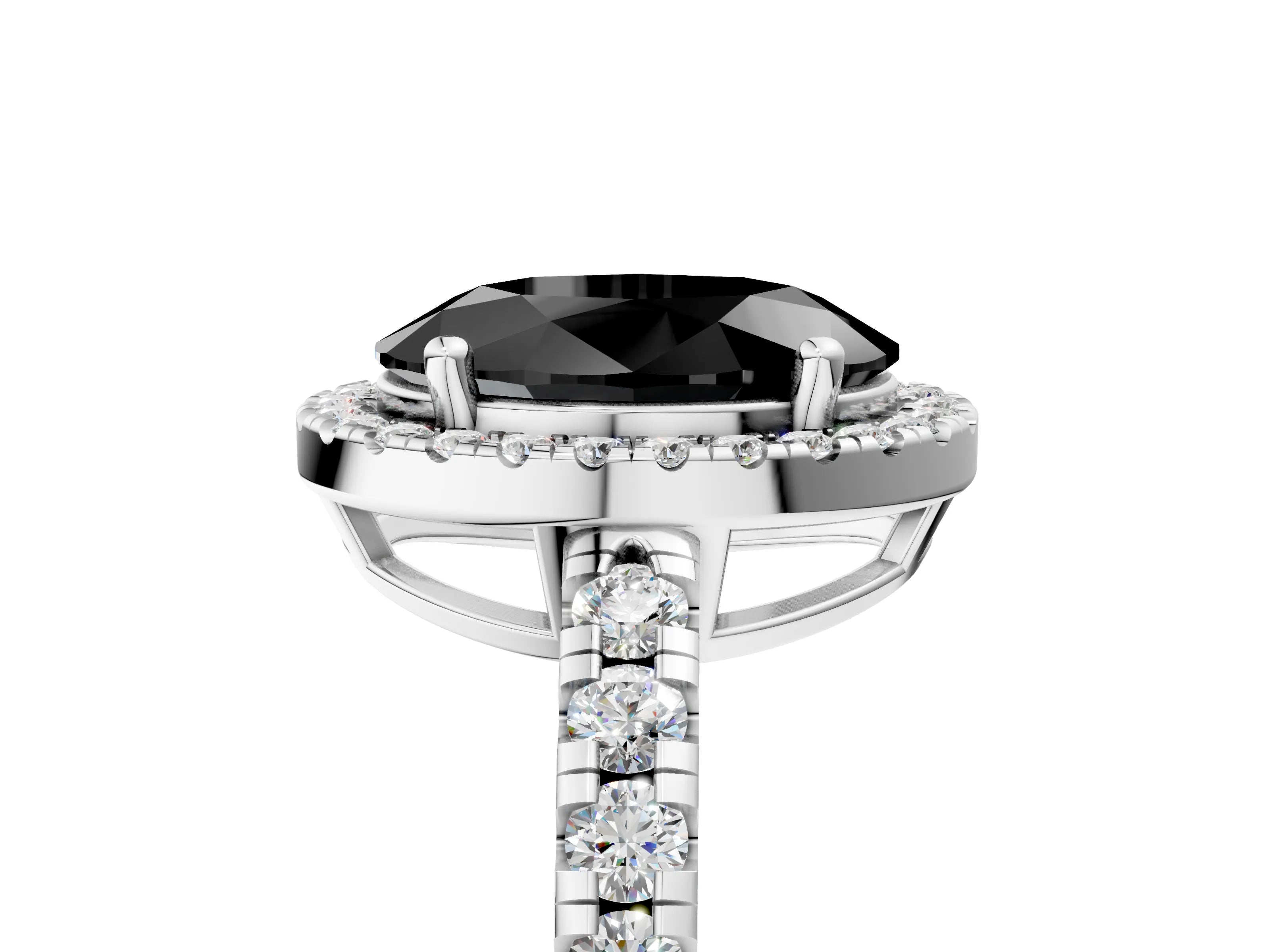 White gold Fancy Black Oval Cut Diamond Halo Ring with Pavé Band and Four-Prong Setting_5