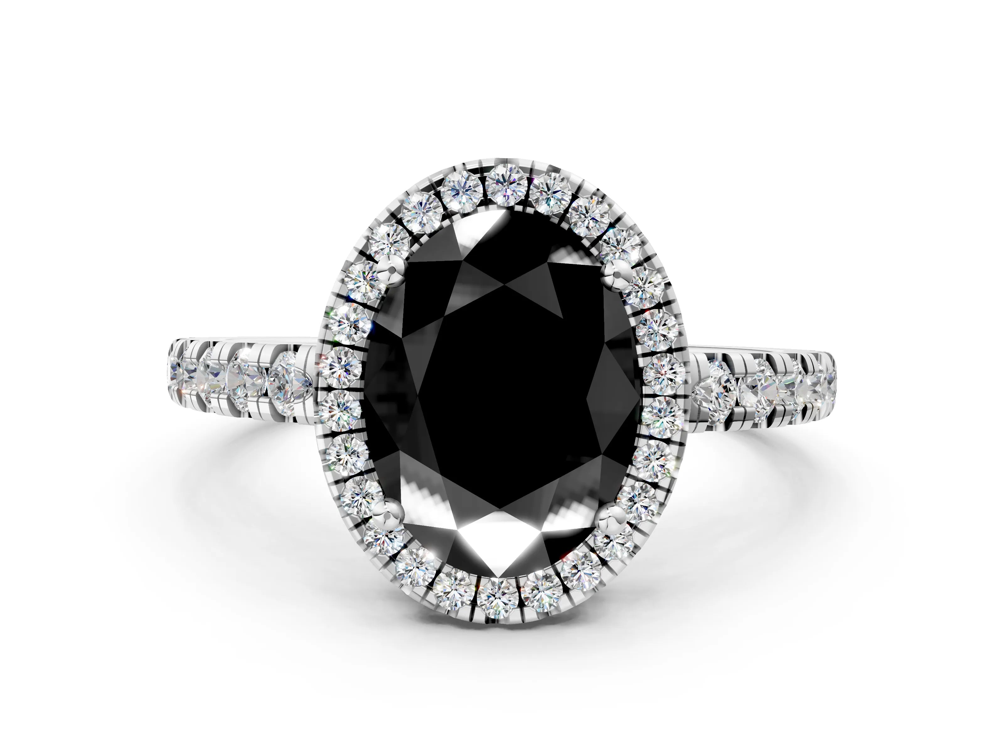 White gold Fancy Black Oval Cut Diamond Halo Ring with Pavé Band and Four-Prong Setting