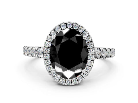 White gold Fancy Black Oval Cut Diamond Halo Ring with Pavé Band and Four-Prong Setting