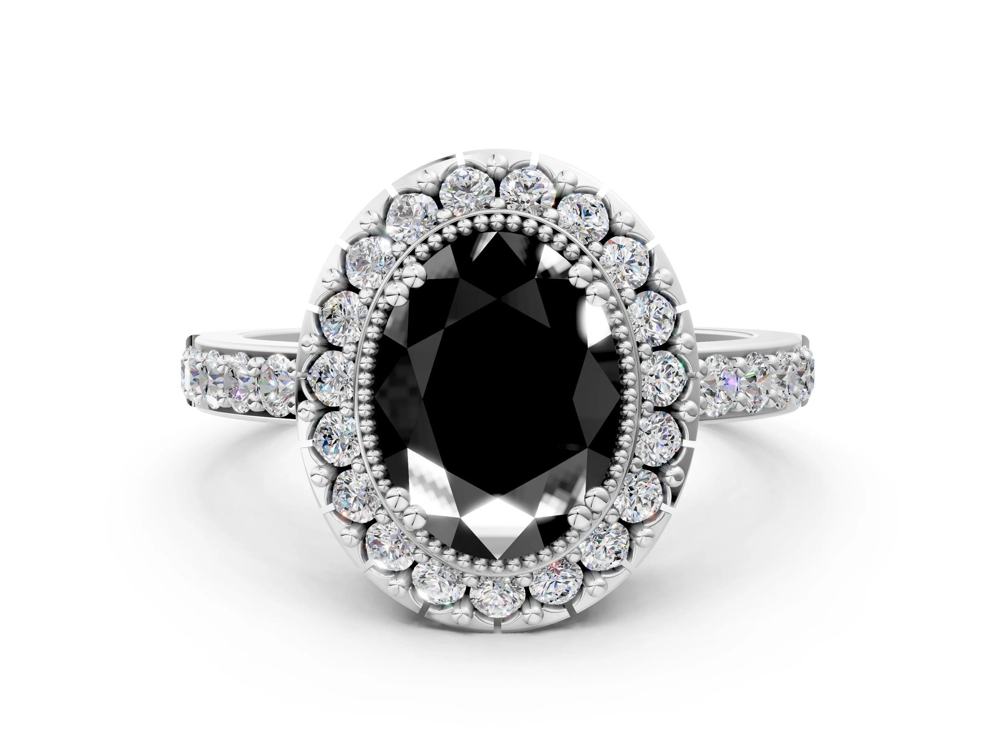 White gold Fancy Black Oval Cut Diamond Halo Ring with Pavé Band and Prong Setting