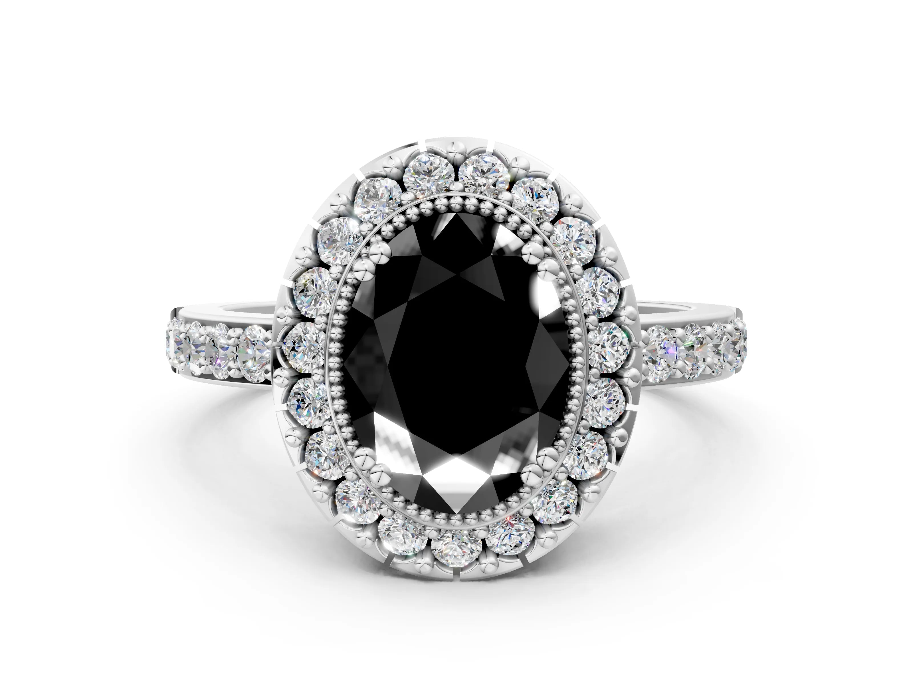 White gold Fancy Black Oval Cut Diamond Halo Ring with Pavé Band and Prong Setting_12