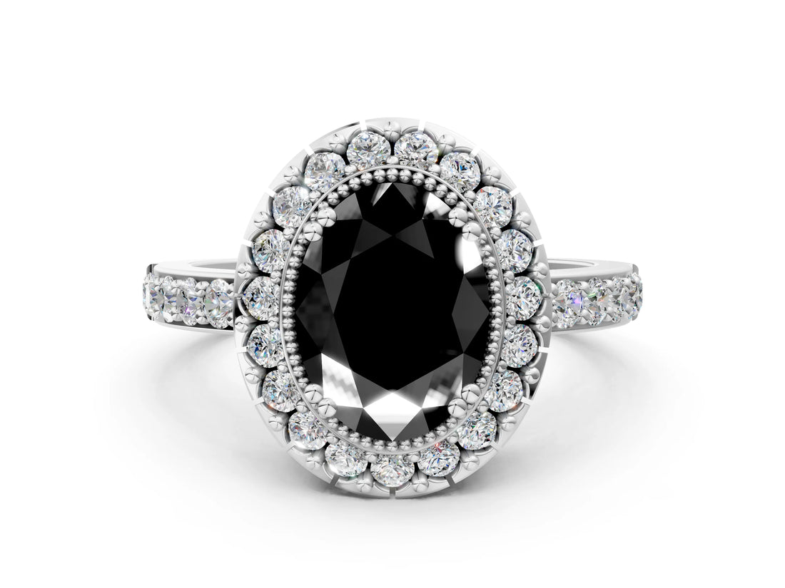 White gold Fancy Black Oval Cut Diamond Halo Ring with Pavé Band and Prong Setting_12