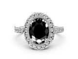 White gold Fancy Black Oval Cut Diamond Halo Ring with Pavé Band and Prong Setting_12