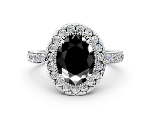 White gold Fancy Black Oval Cut Diamond Halo Ring with Pavé Band and Prong Setting_12