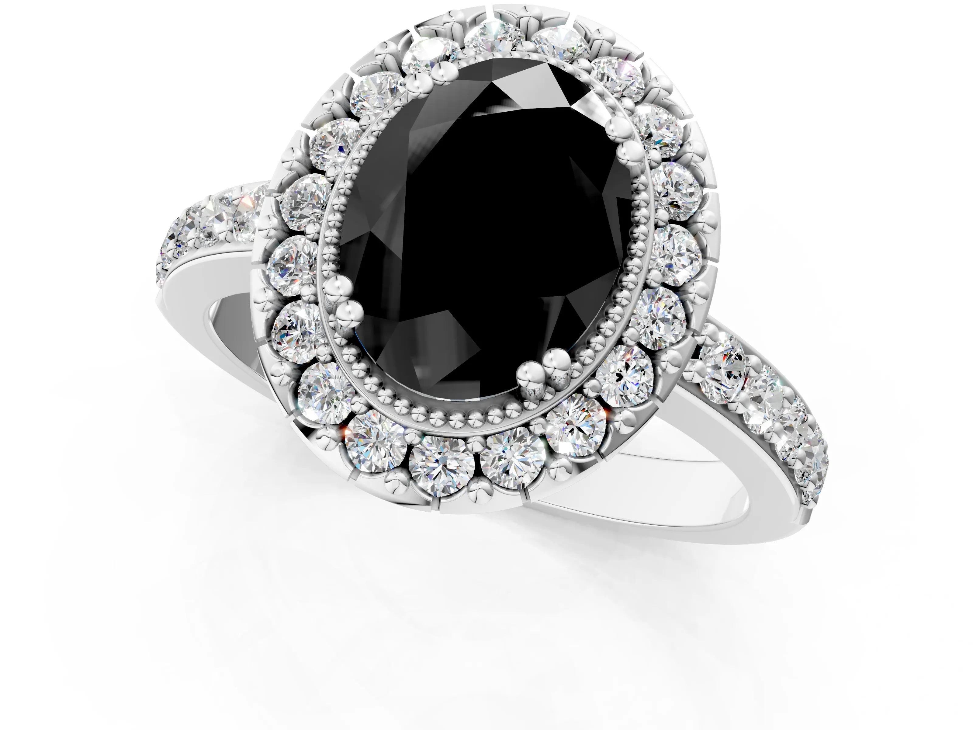 White gold Fancy Black Oval Cut Diamond Halo Ring with Pavé Band and Prong Setting_13