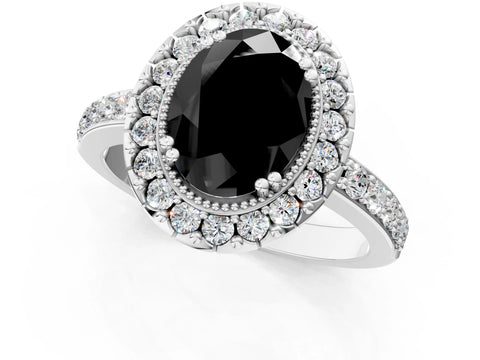 White gold Fancy Black Oval Cut Diamond Halo Ring with Pavé Band and Prong Setting_13