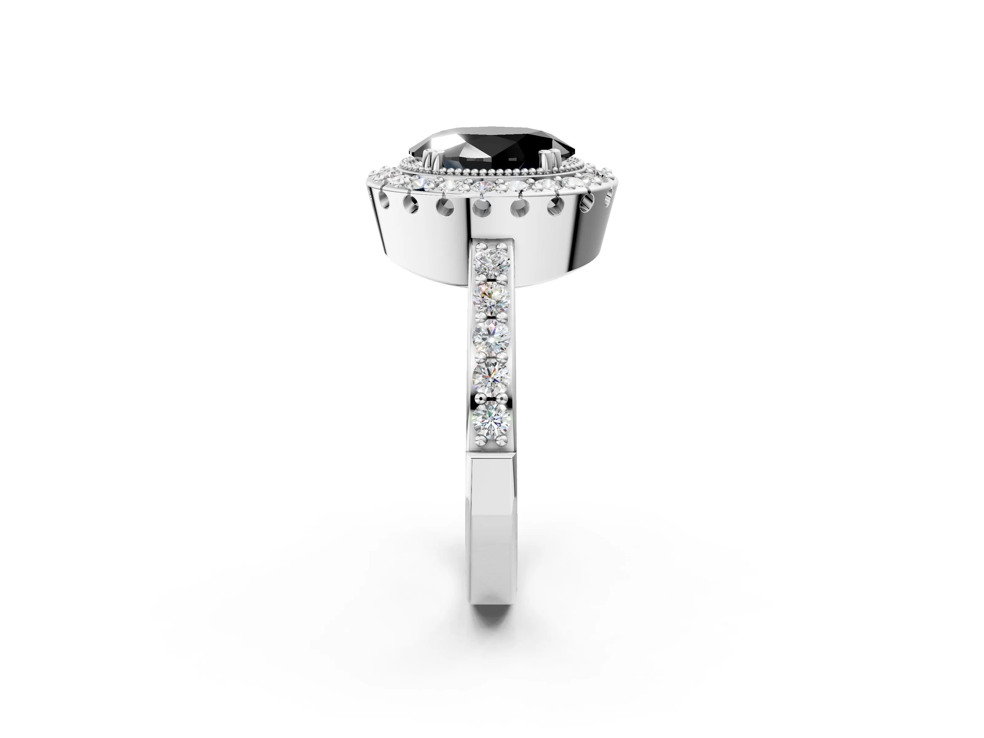 White gold Fancy Black Oval Cut Diamond Halo Ring with Pavé Band and Prong Setting_14