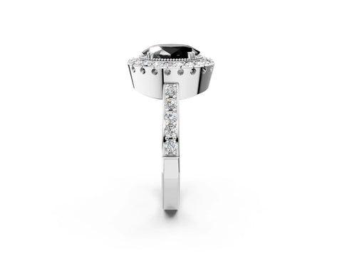 White gold Fancy Black Oval Cut Diamond Halo Ring with Pavé Band and Prong Setting_14