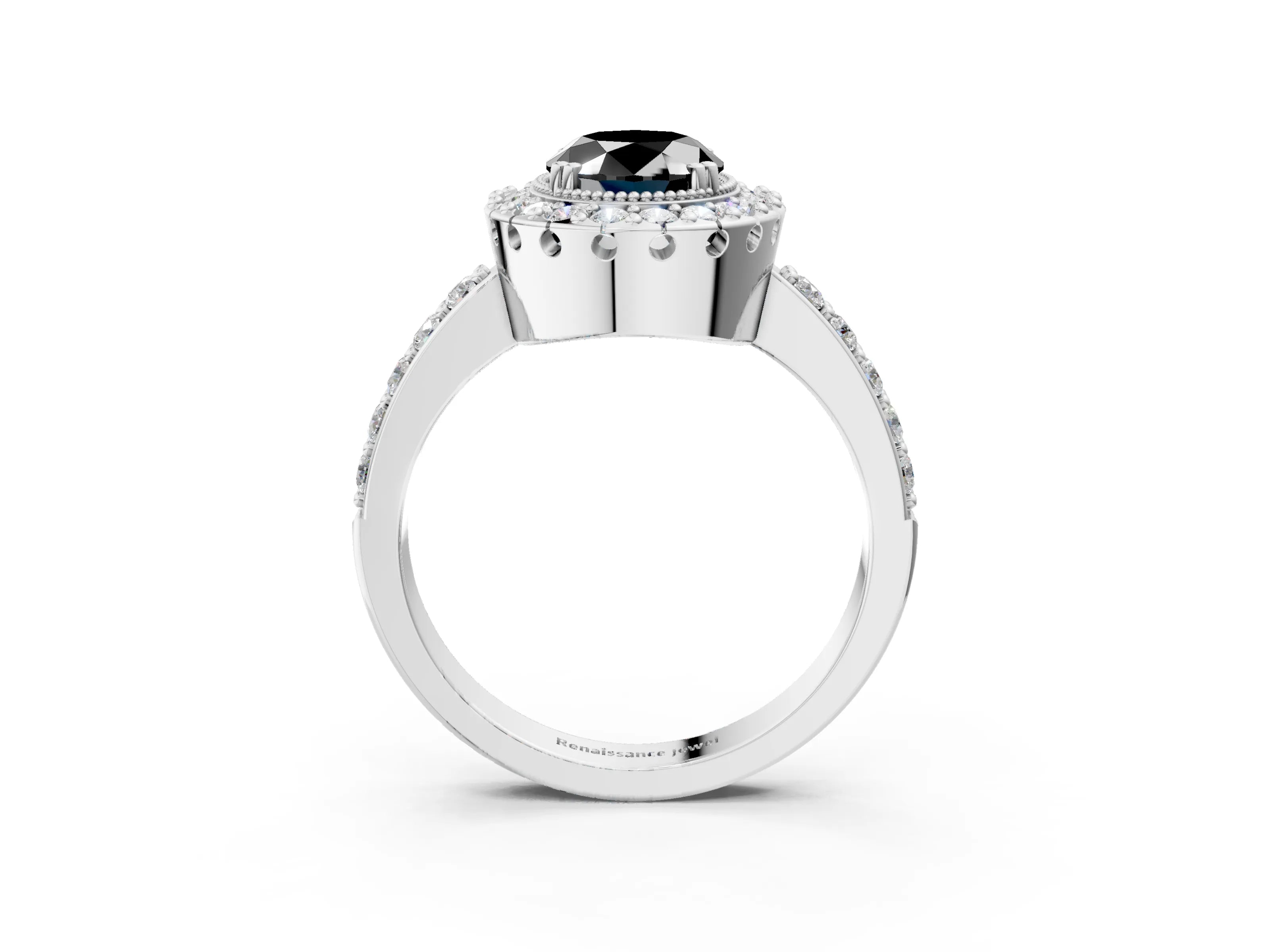 White gold Fancy Black Oval Cut Diamond Halo Ring with Pavé Band and Prong Setting_15