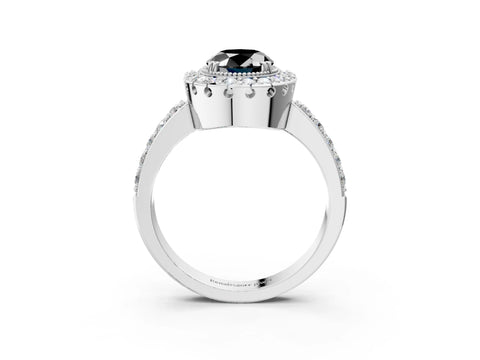 White gold Fancy Black Oval Cut Diamond Halo Ring with Pavé Band and Prong Setting_15