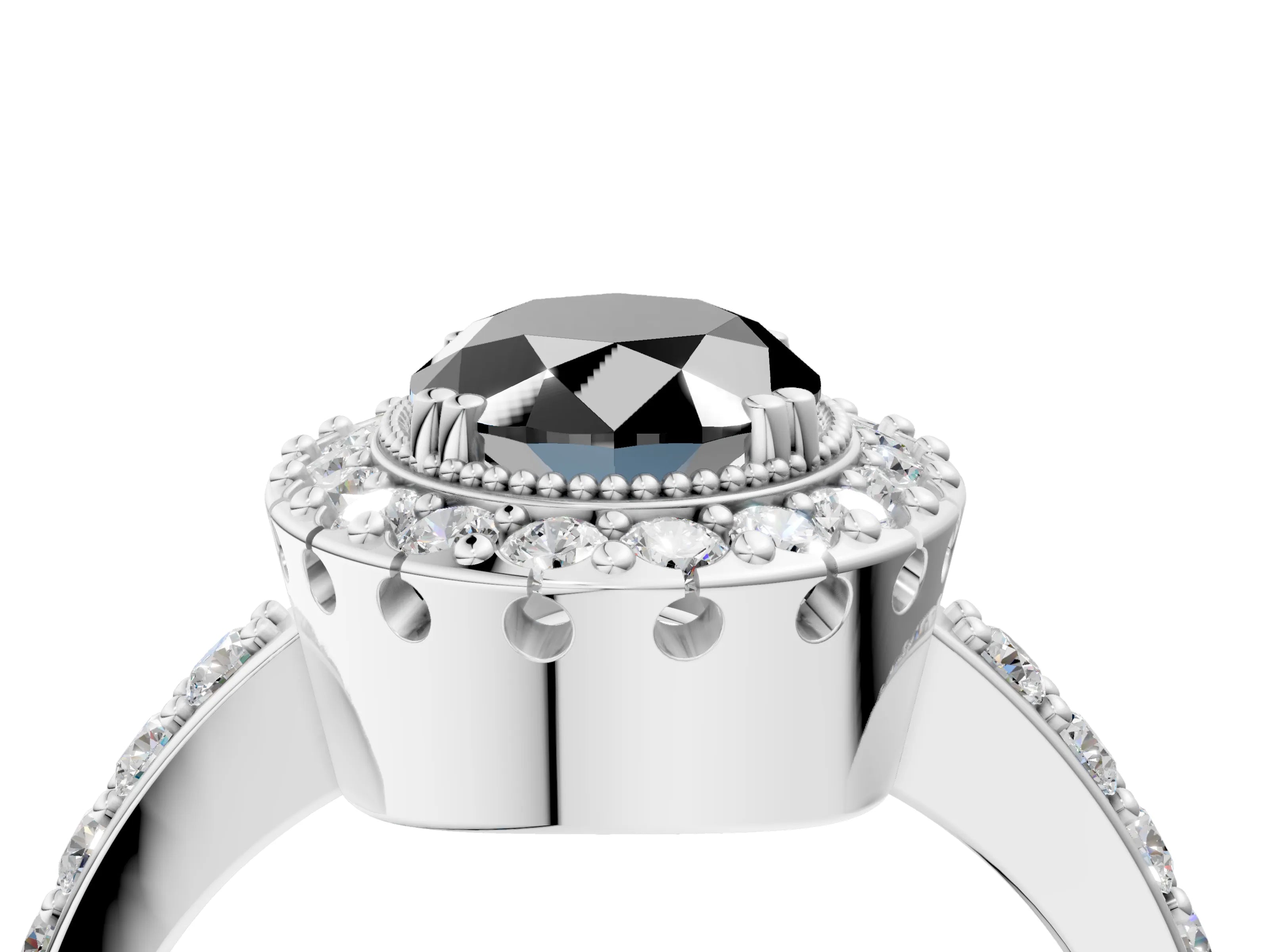 White gold Fancy Black Oval Cut Diamond Halo Ring with Pavé Band and Prong Setting_16