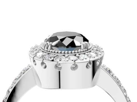 White gold Fancy Black Oval Cut Diamond Halo Ring with Pavé Band and Prong Setting_16