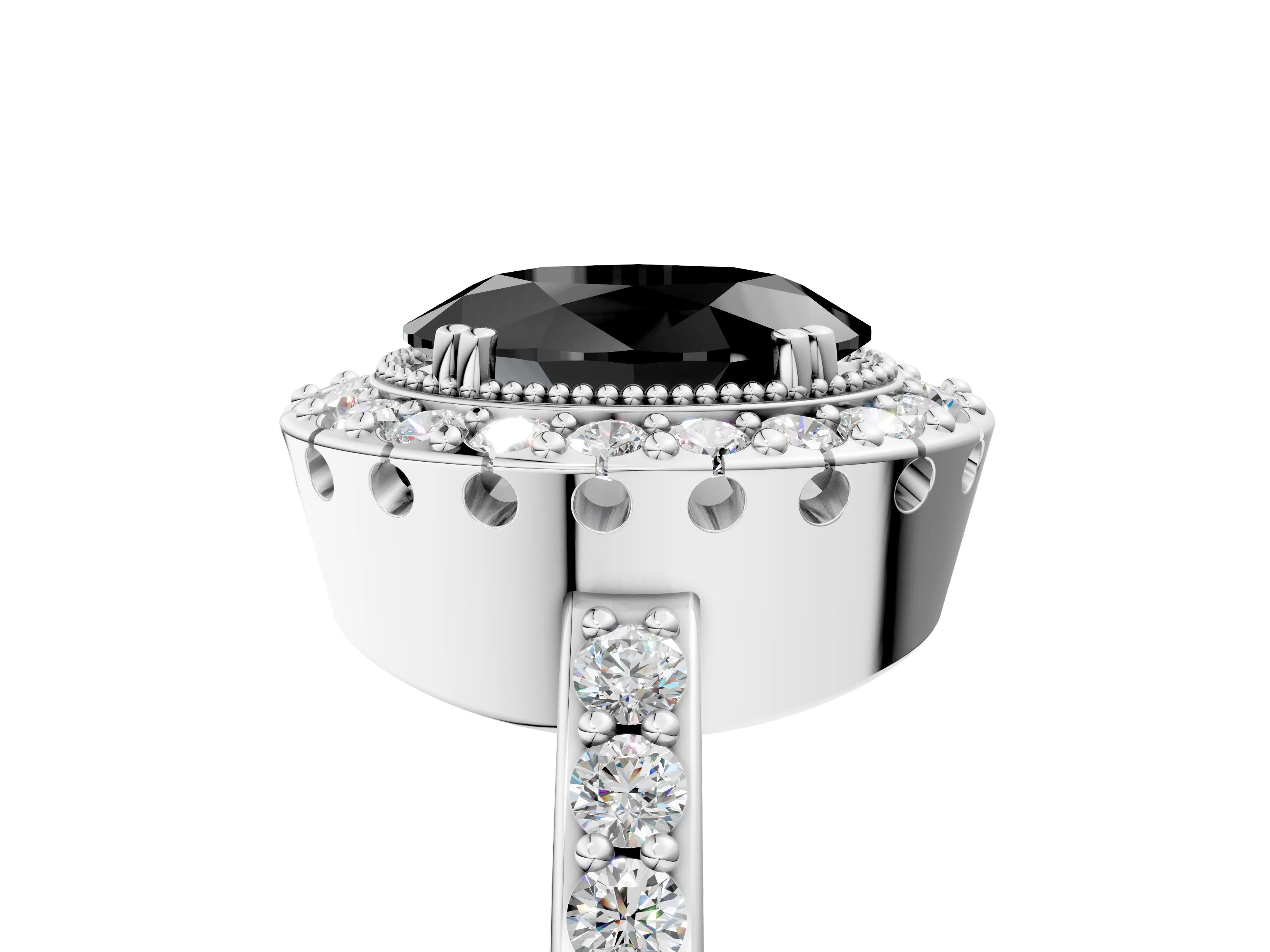 White gold Fancy Black Oval Cut Diamond Halo Ring with Pavé Band and Prong Setting_17