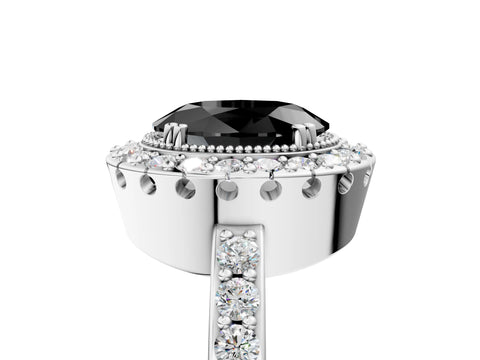 White gold Fancy Black Oval Cut Diamond Halo Ring with Pavé Band and Prong Setting_17