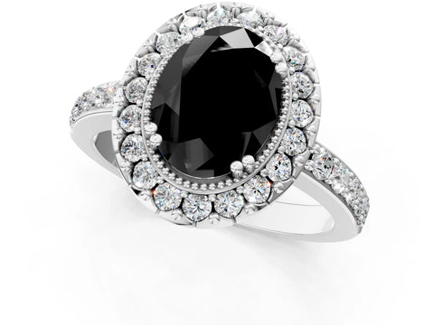 White gold Fancy Black Oval Cut Diamond Halo Ring with Pavé Band and Prong Setting_1