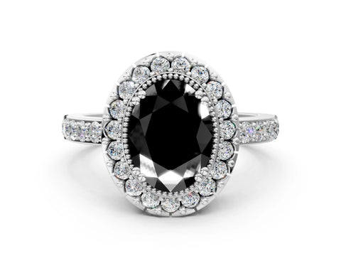White gold Fancy Black Oval Cut Diamond Halo Ring with Pavé Band and Prong Setting