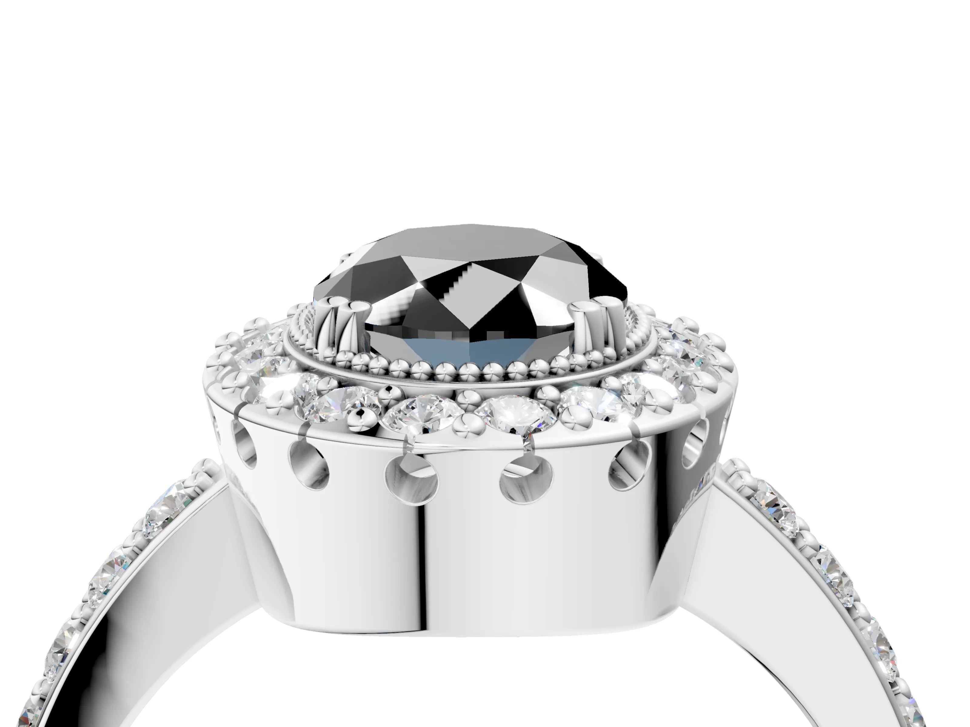 White gold Fancy Black Oval Cut Diamond Halo Ring with Pavé Band and Prong Setting_4