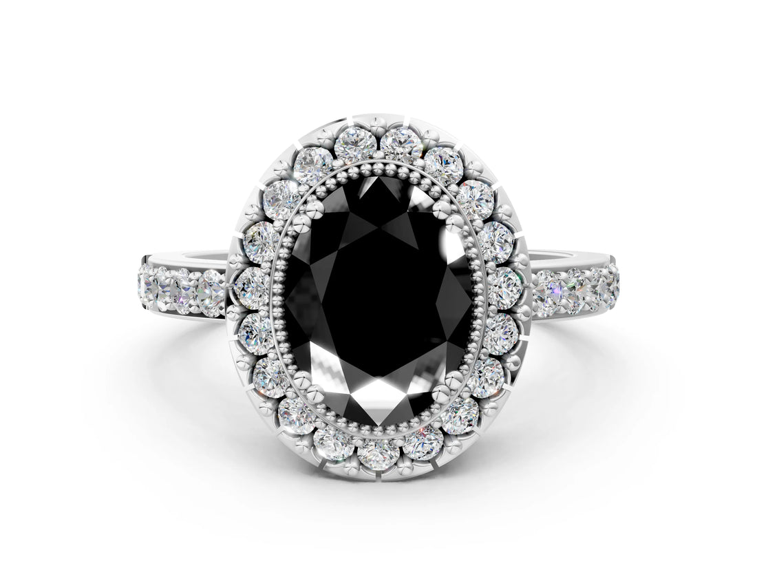 White gold Fancy Black Oval Cut Diamond Halo Ring with Pavé Band and Prong Setting