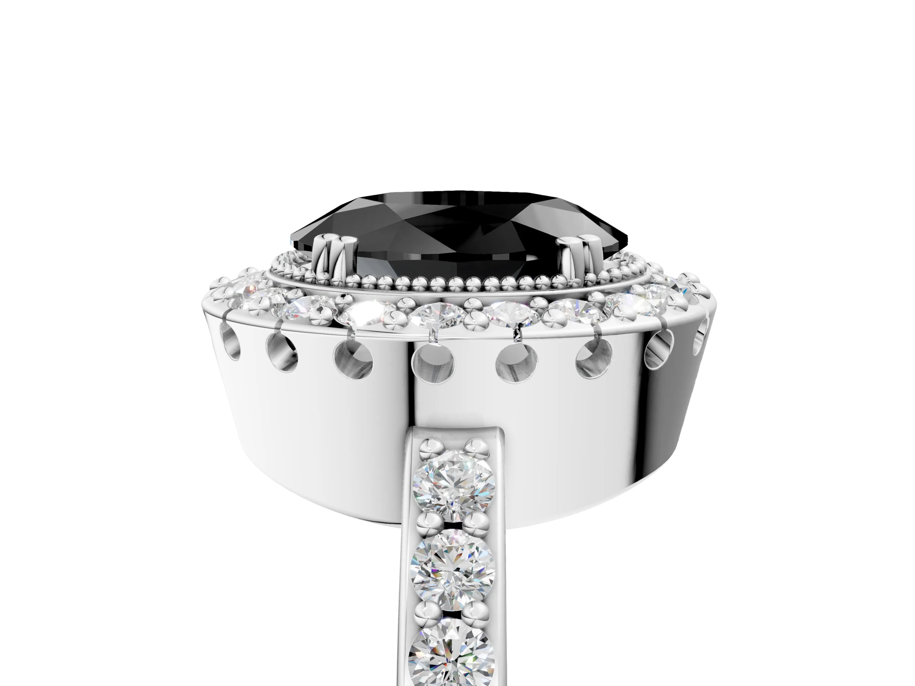 White gold Fancy Black Oval Cut Diamond Halo Ring with Pavé Band and Prong Setting_5