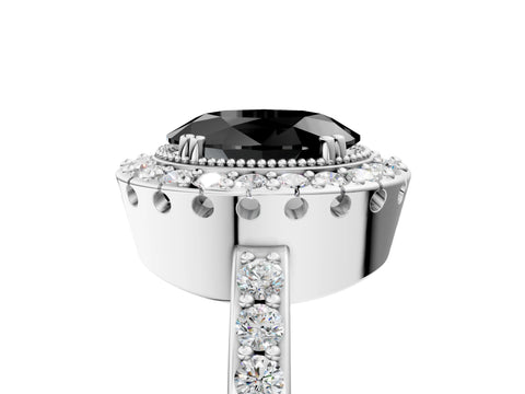White gold Fancy Black Oval Cut Diamond Halo Ring with Pavé Band and Prong Setting_5
