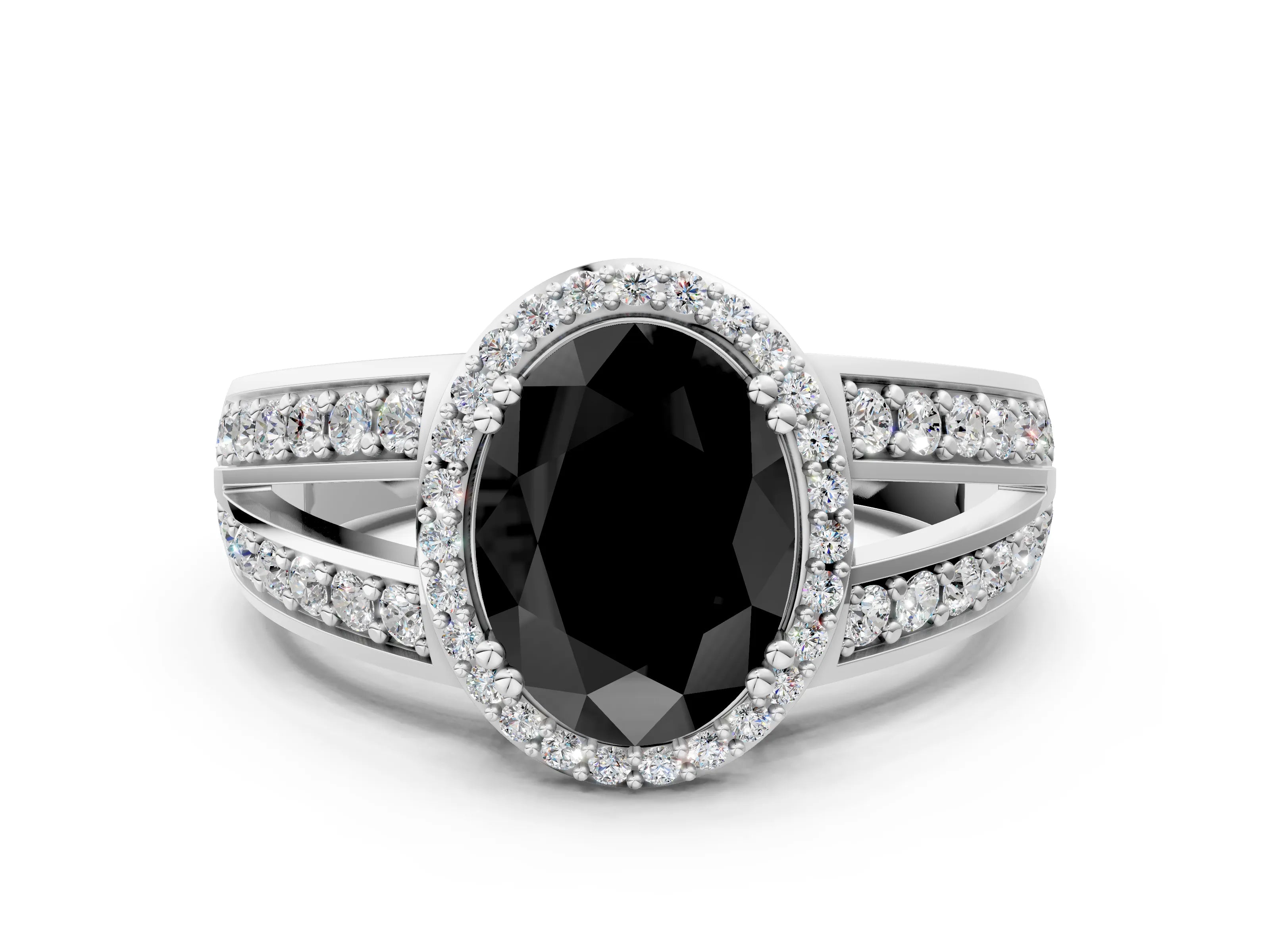 White gold Fancy Black Oval Cut Diamond Halo Ring with Split Shank Pavé Band and Four-Prong Setting_12