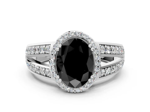 White gold Fancy Black Oval Cut Diamond Halo Ring with Split Shank Pavé Band and Four-Prong Setting_12