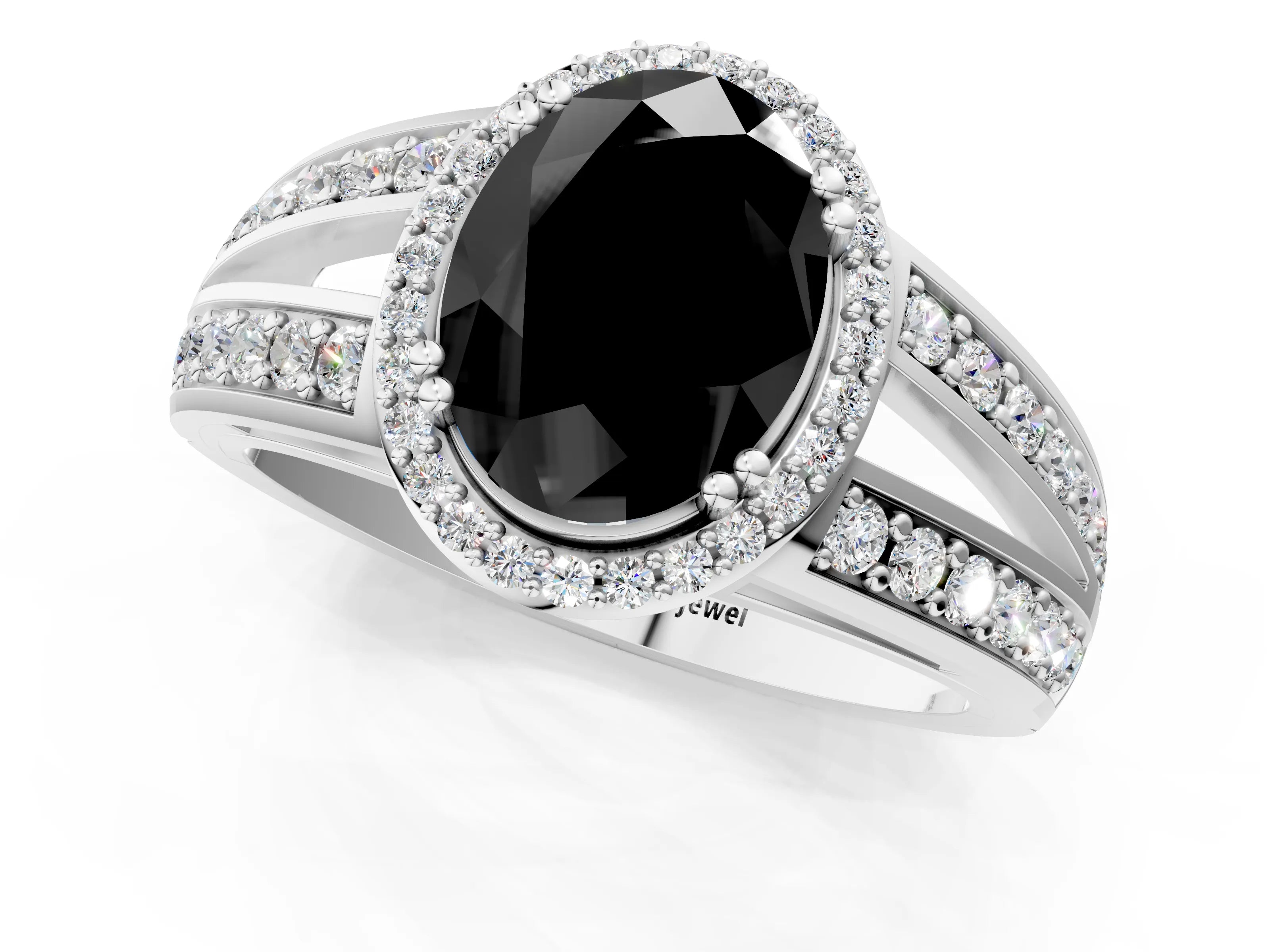 White gold Fancy Black Oval Cut Diamond Halo Ring with Split Shank Pavé Band and Four-Prong Setting_13