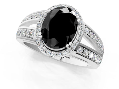 White gold Fancy Black Oval Cut Diamond Halo Ring with Split Shank Pavé Band and Four-Prong Setting_13