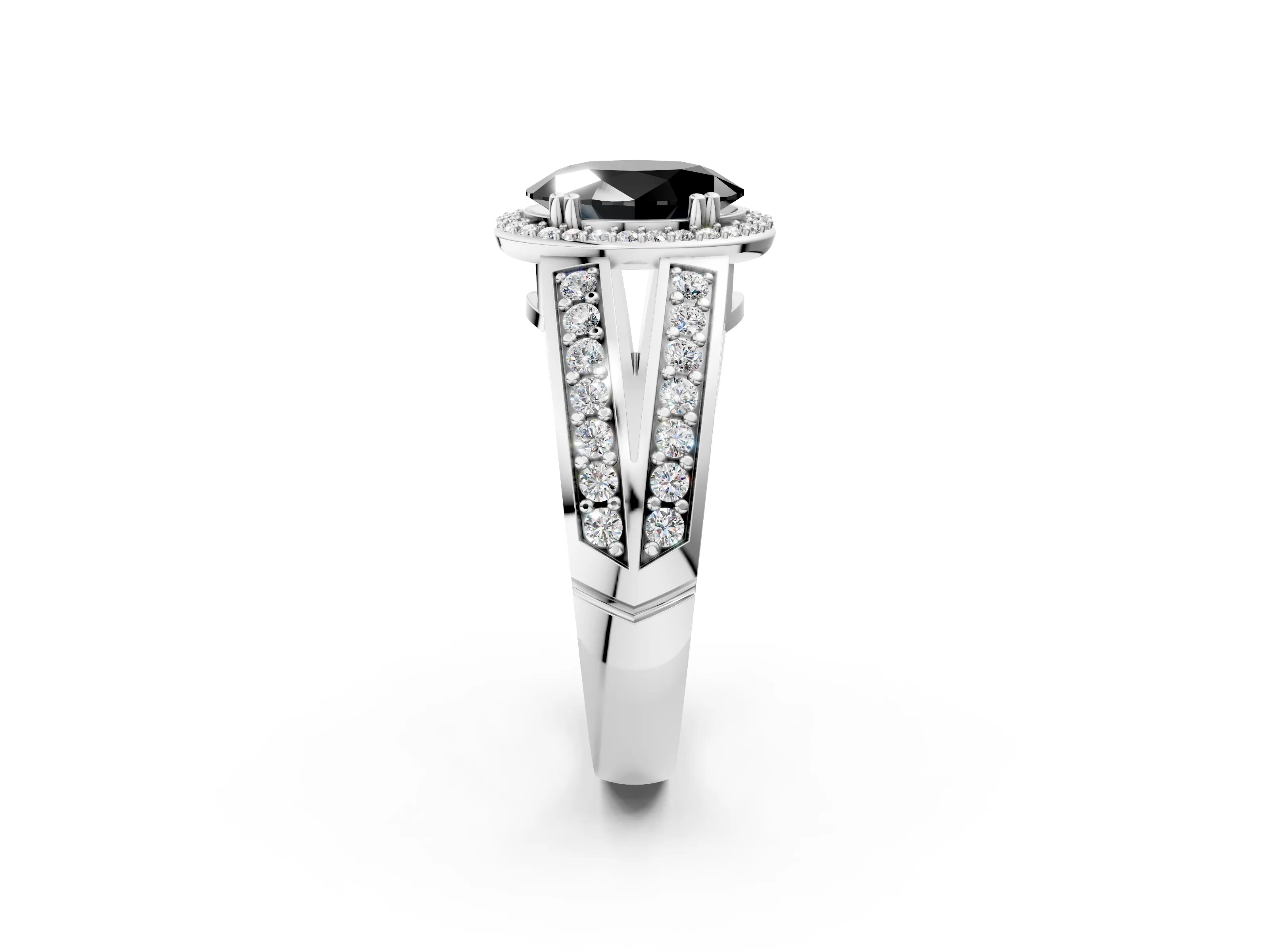White gold Fancy Black Oval Cut Diamond Halo Ring with Split Shank Pavé Band and Four-Prong Setting_14