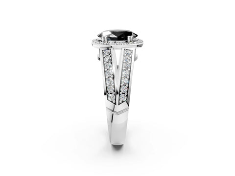 White gold Fancy Black Oval Cut Diamond Halo Ring with Split Shank Pavé Band and Four-Prong Setting_14