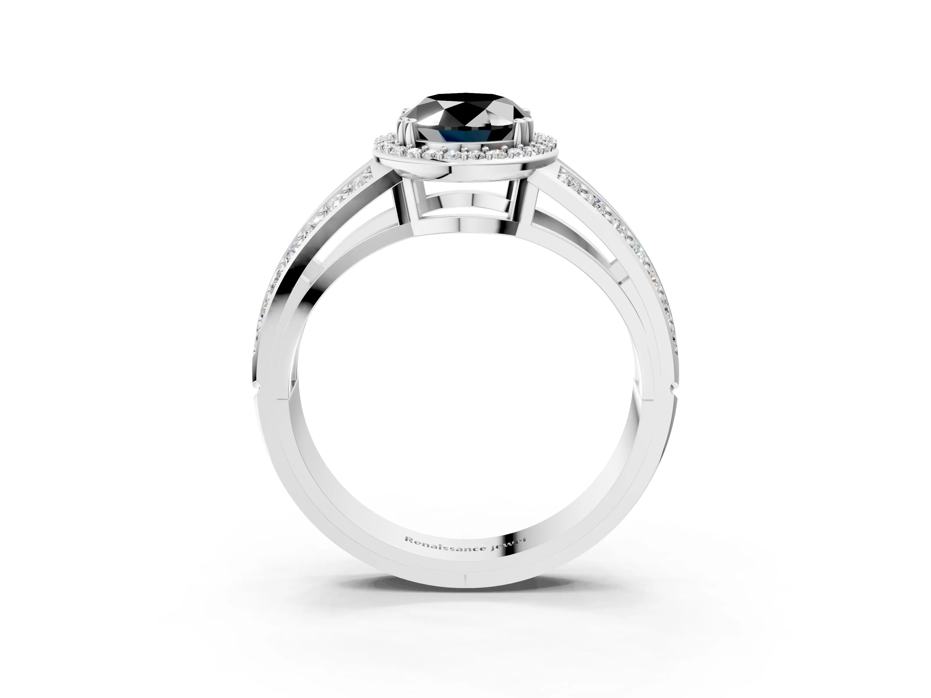 White gold Fancy Black Oval Cut Diamond Halo Ring with Split Shank Pavé Band and Four-Prong Setting_15