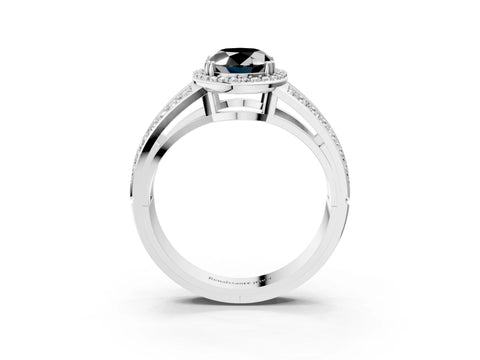 White gold Fancy Black Oval Cut Diamond Halo Ring with Split Shank Pavé Band and Four-Prong Setting_15