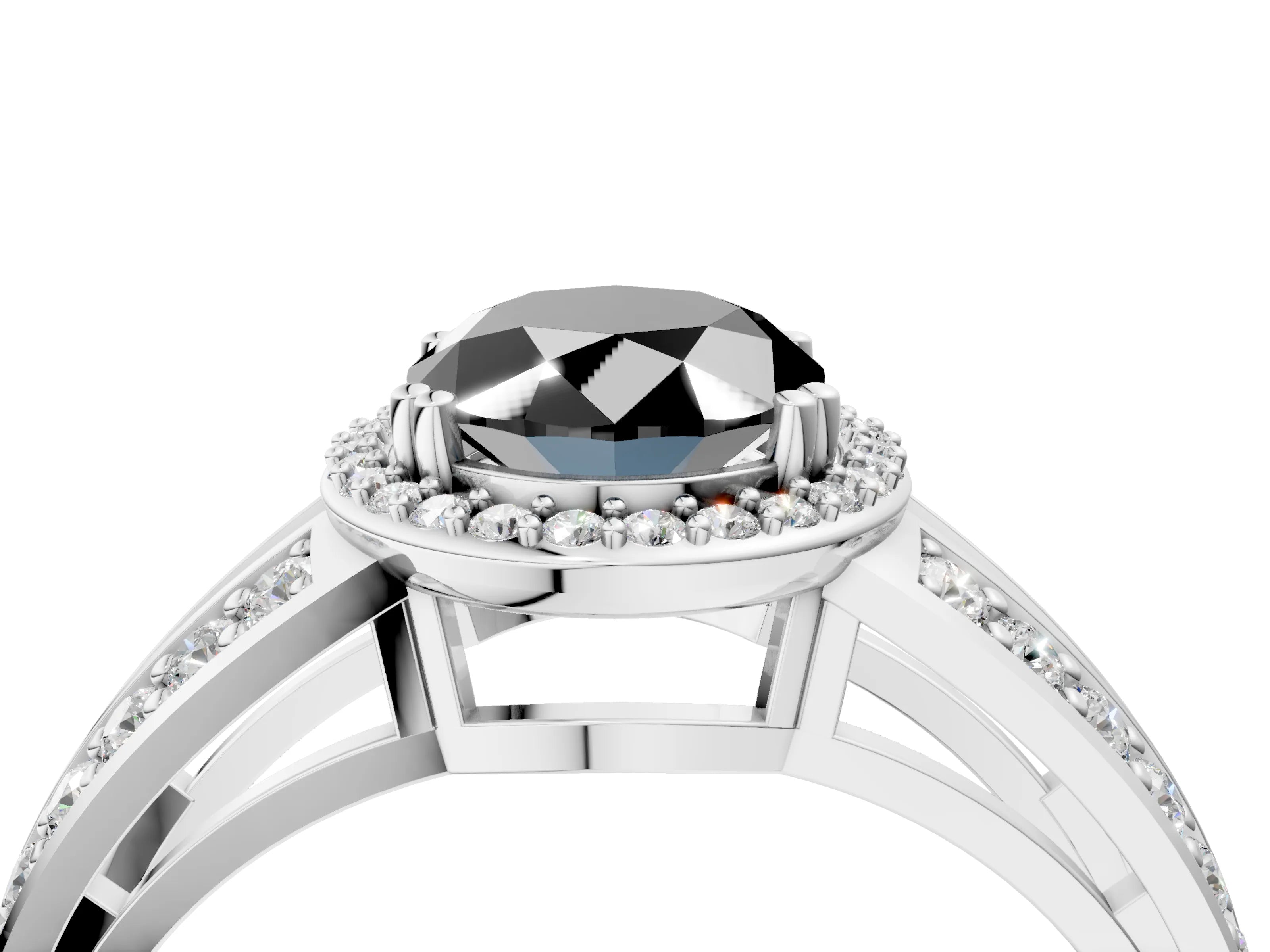 White gold Fancy Black Oval Cut Diamond Halo Ring with Split Shank Pavé Band and Four-Prong Setting_16