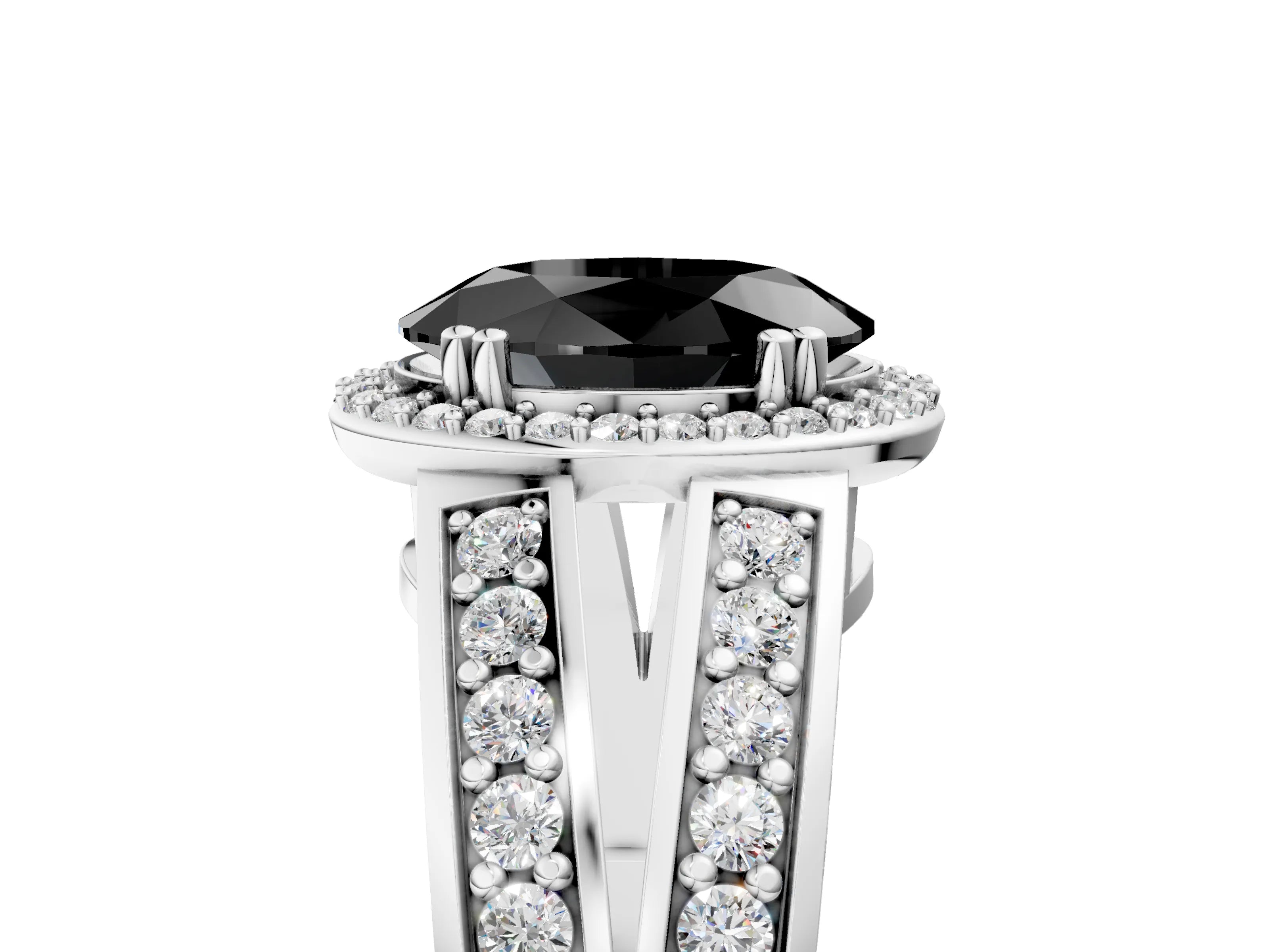 White gold Fancy Black Oval Cut Diamond Halo Ring with Split Shank Pavé Band and Four-Prong Setting_17