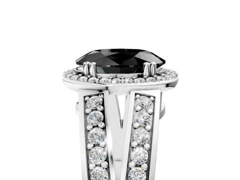 White gold Fancy Black Oval Cut Diamond Halo Ring with Split Shank Pavé Band and Four-Prong Setting_17