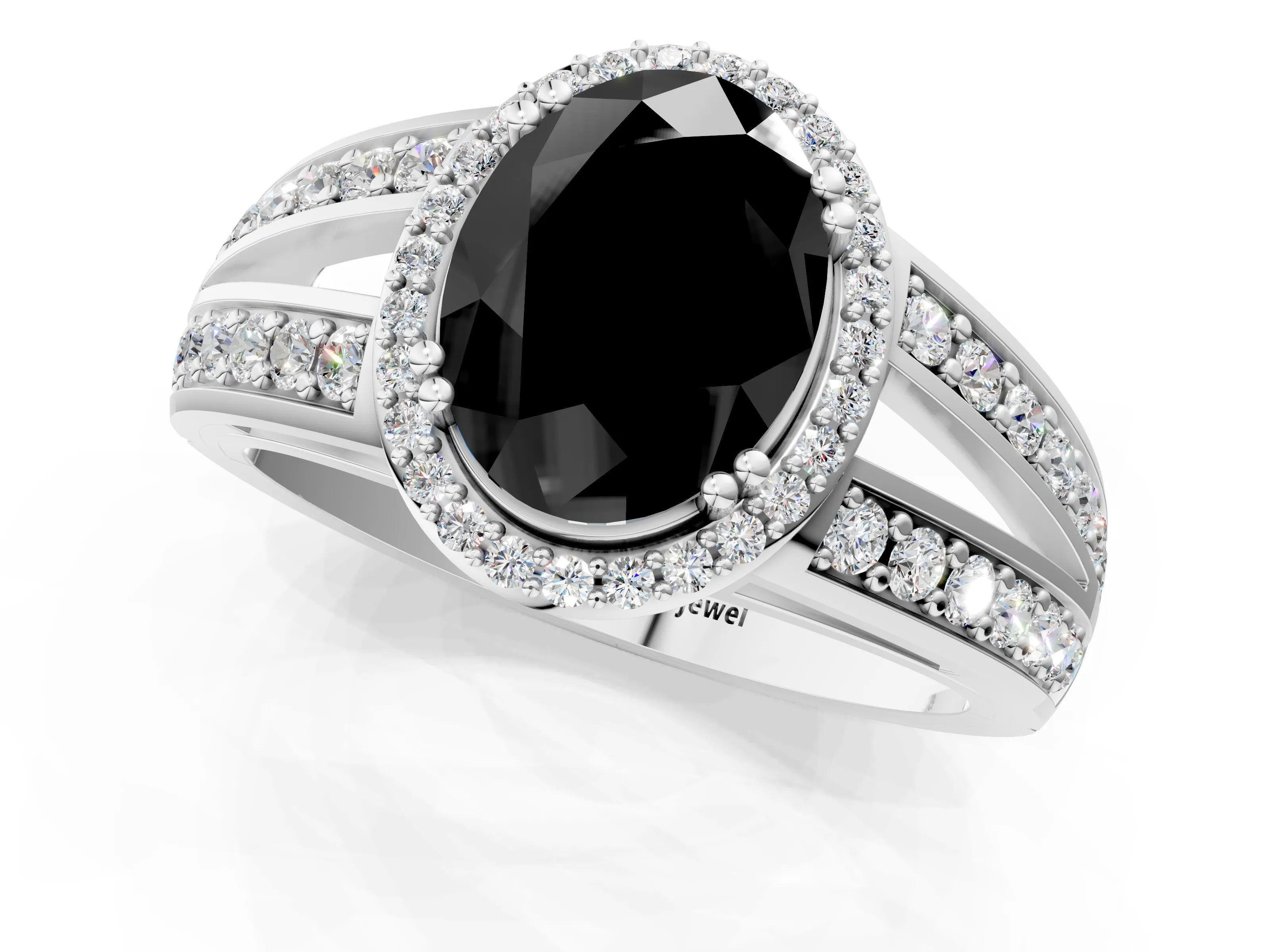 White gold Fancy Black Oval Cut Diamond Halo Ring with Split Shank Pavé Band and Four-Prong Setting_1