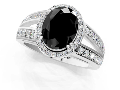White gold Fancy Black Oval Cut Diamond Halo Ring with Split Shank Pavé Band and Four-Prong Setting_1