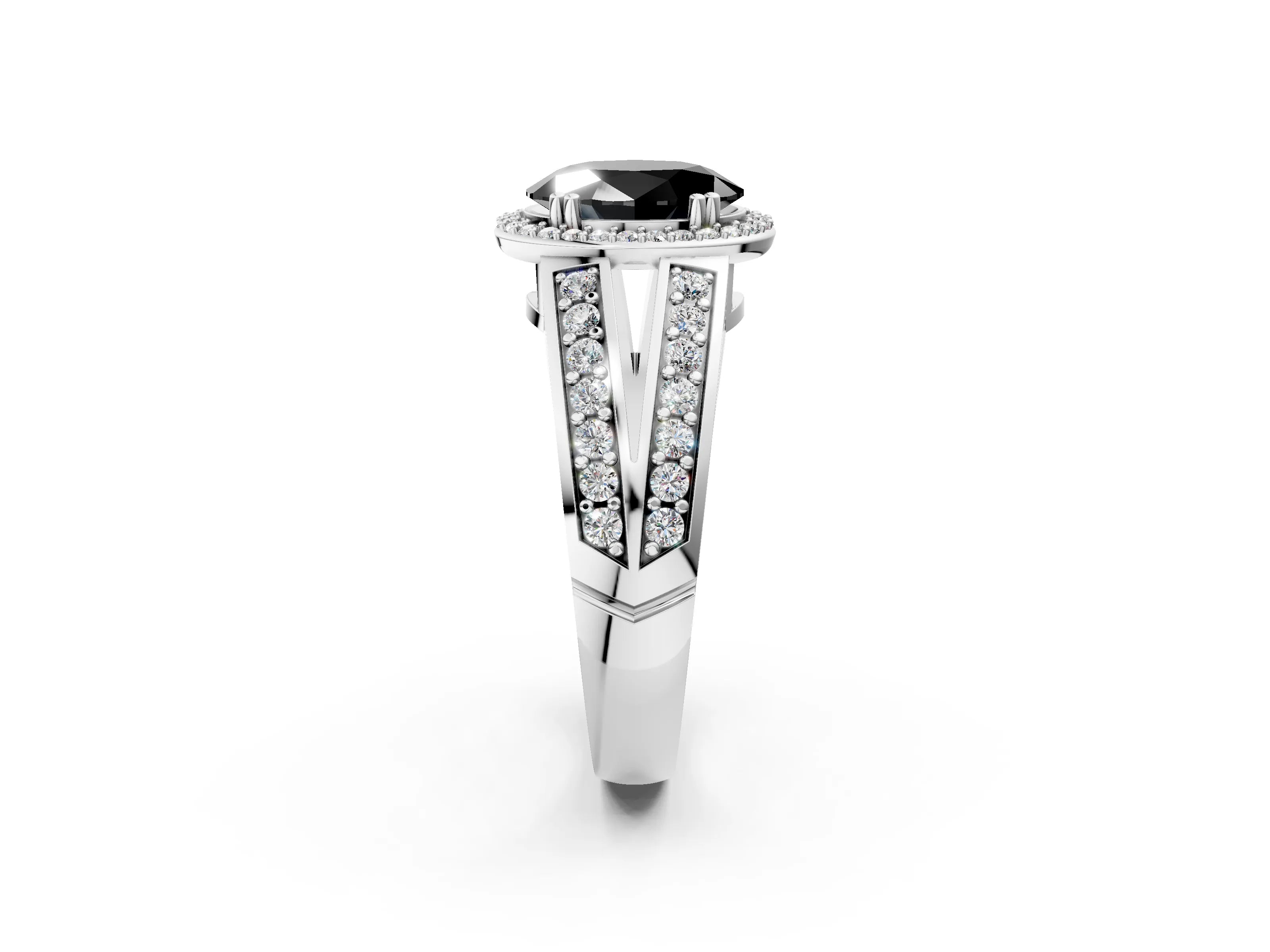 White gold Fancy Black Oval Cut Diamond Halo Ring with Split Shank Pavé Band and Four-Prong Setting_2