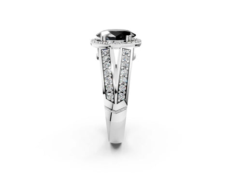 White gold Fancy Black Oval Cut Diamond Halo Ring with Split Shank Pavé Band and Four-Prong Setting_2