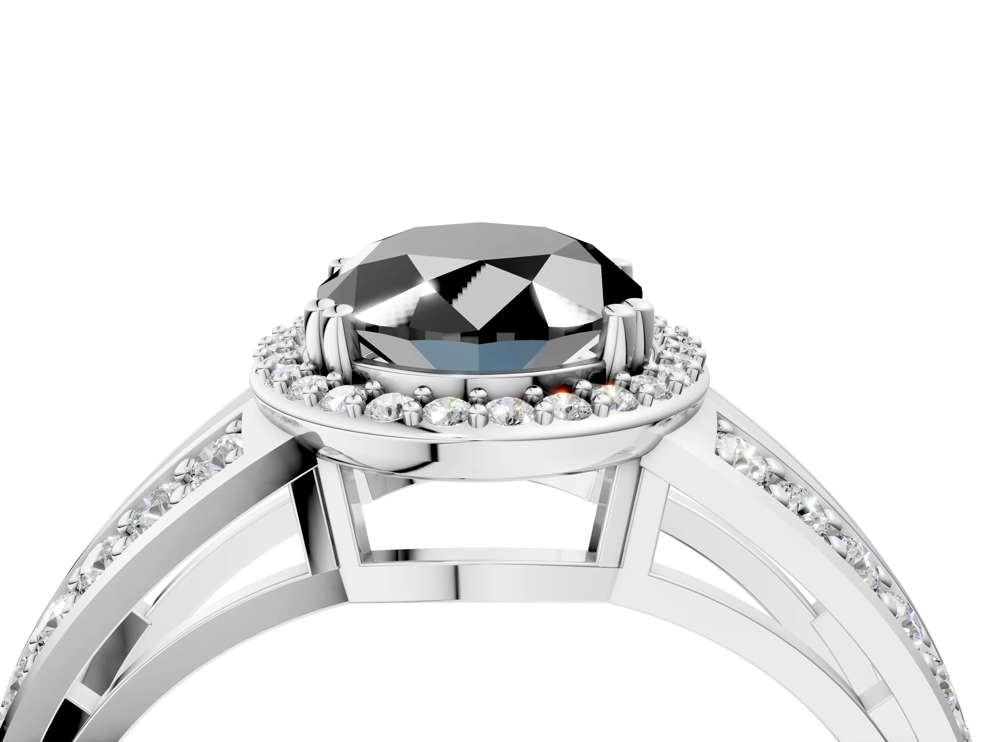 White gold Fancy Black Oval Cut Diamond Halo Ring with Split Shank Pavé Band and Four-Prong Setting_4