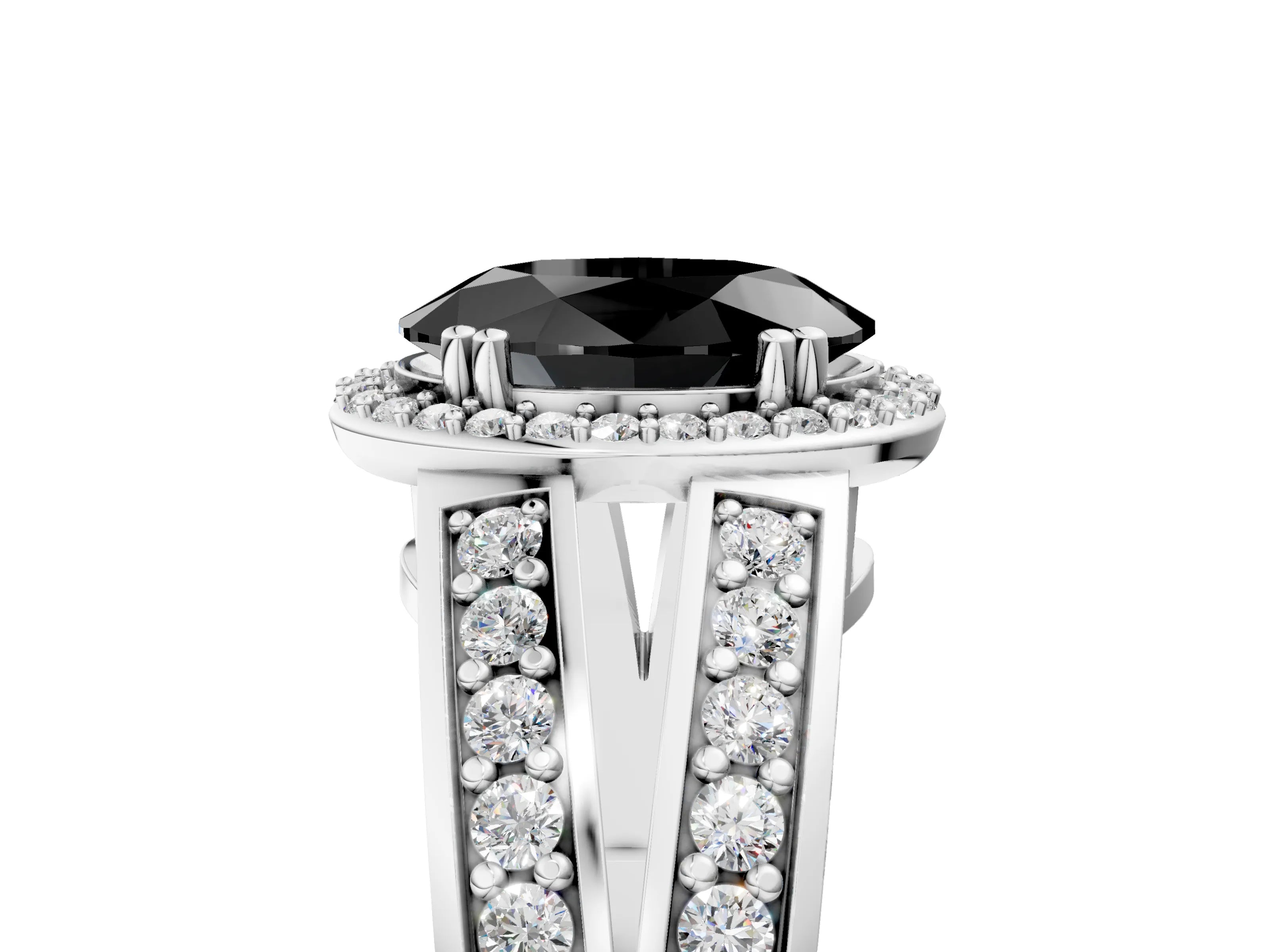 White gold Fancy Black Oval Cut Diamond Halo Ring with Split Shank Pavé Band and Four-Prong Setting_5
