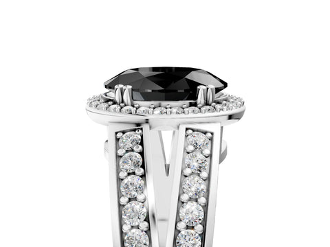 White gold Fancy Black Oval Cut Diamond Halo Ring with Split Shank Pavé Band and Four-Prong Setting_5