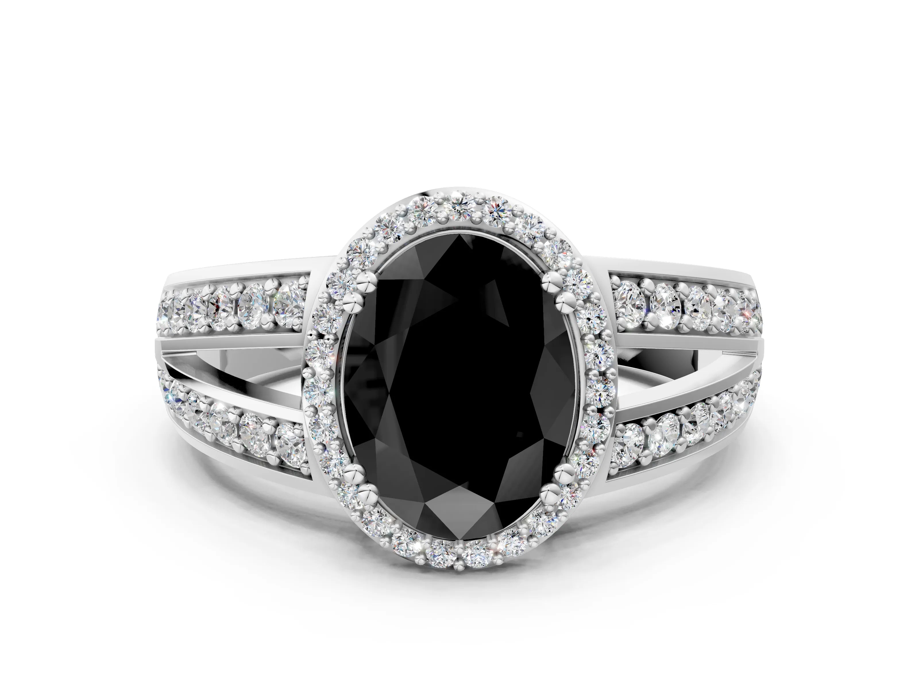 White gold Fancy Black Oval Cut Diamond Halo Ring with Split Shank Pavé Band and Four-Prong Setting