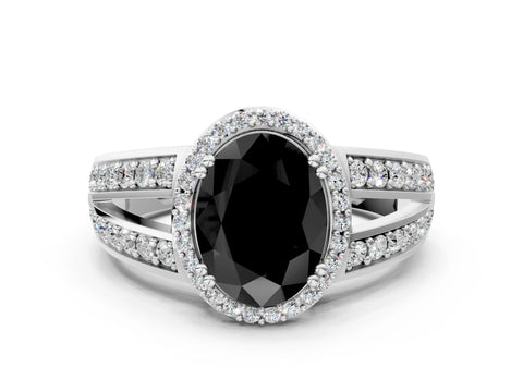 White gold Fancy Black Oval Cut Diamond Halo Ring with Split Shank Pavé Band and Four-Prong Setting