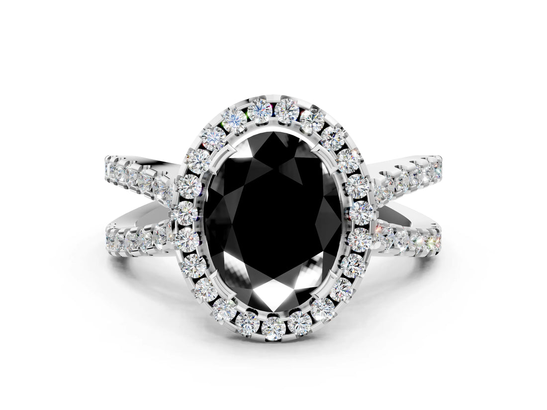 White gold Fancy Black Oval Cut Diamond Halo Ring with Split Shank Pavé Band and Prong Setting_12