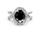 White gold Fancy Black Oval Cut Diamond Halo Ring with Split Shank Pavé Band and Prong Setting_12