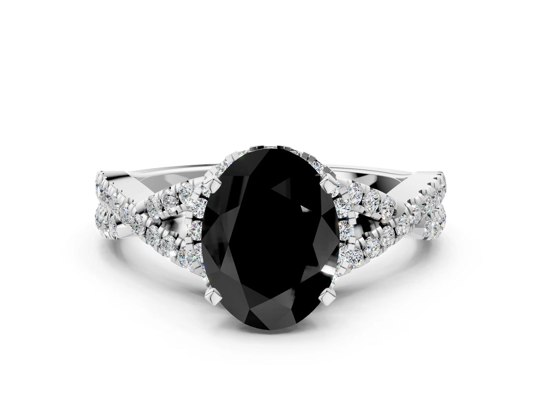 White gold Fancy Black Oval Cut Diamond  Halo Twist Band Solitaire Prong Setting Ring_12